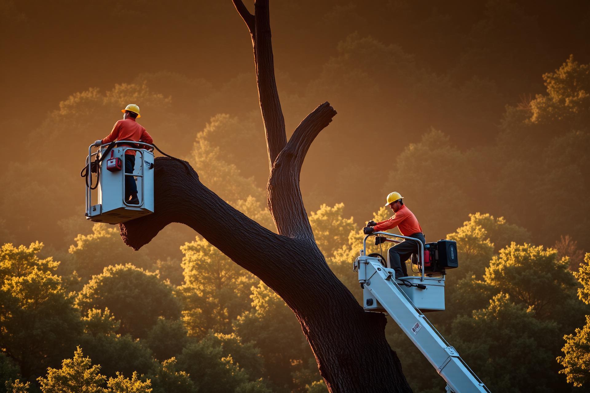 M&K Tree Removal crew working at sunset